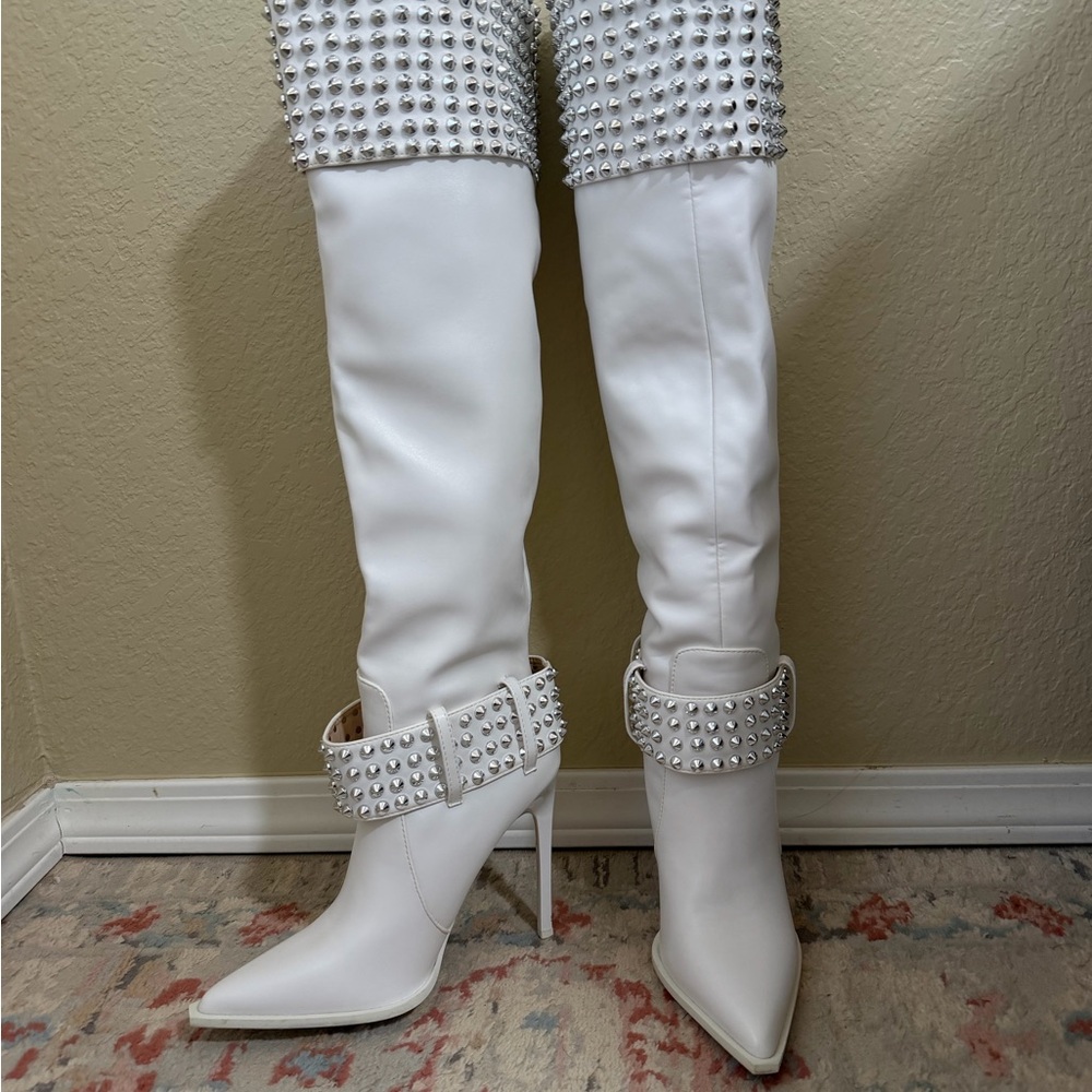 Elegant White Studded Over the Knee Boots